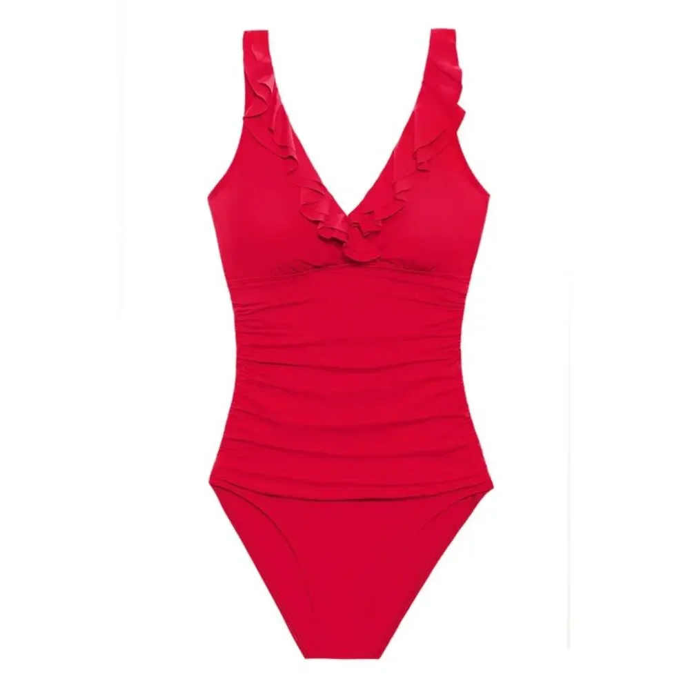 Lauren Ralph Lauren Women's Ruffle One Piece Swimsuit In Red